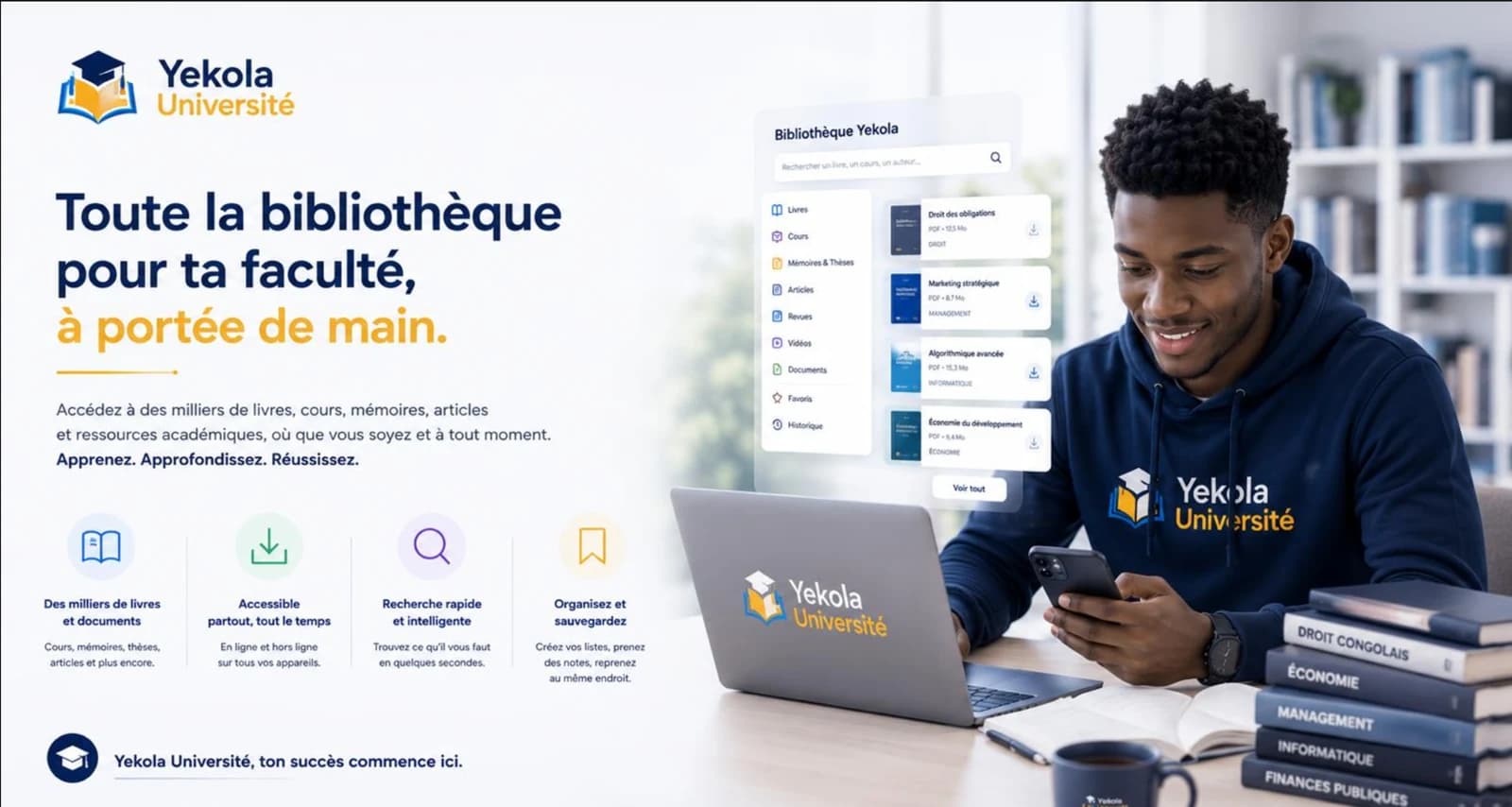 Toute la bibliothèque pour ta faculté, à portée de main — livres, cours, mémoires, articles.