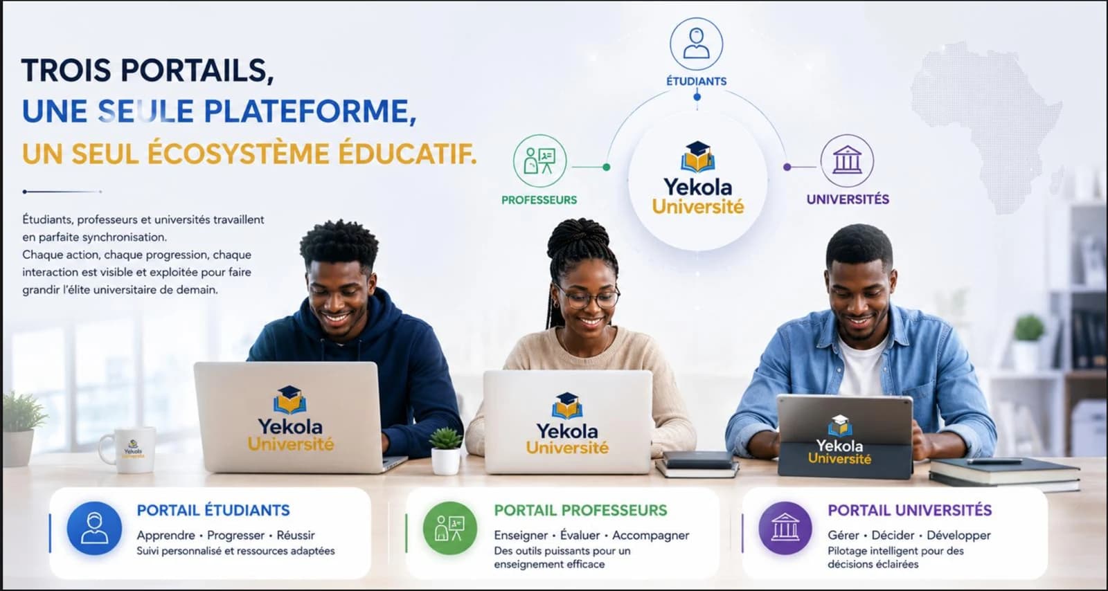 Trois portails, une seule plateforme, un seul écosystème éducatif — Étudiants, professeurs et universités en parfaite synchronisation.